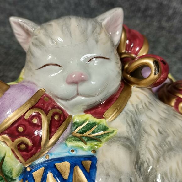 Fitz And Floyd Christmas Cat Trinket Box Porcelain Holiday Kitten Lid Candy Dish - Picture 9 of 11